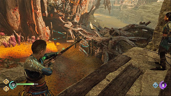 Climb up to the ledge, wait for Angrboda to sit on the branch and pick up another fruit - God of War Ragnarok: The Lost Sanctuary - walkthrough - Walkthrough - God of War Ragnarok Guide
