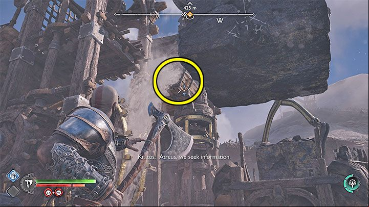 Turn 180 degrees and throw Leviathan at the wooden trough from the picture - God of War Ragnarok: The Quest for Tyr - walkthrough - Walkthrough - God of War Ragnarok Guide