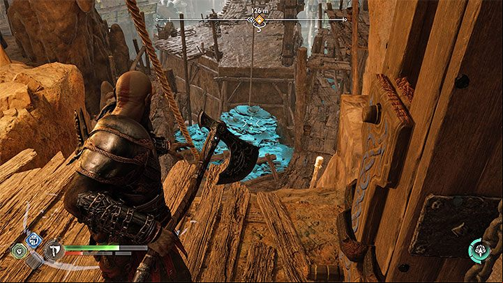 While moving forward, order Atreus to hit the hanging basket with green objects - God of War Ragnarok: The Quest for Tyr - walkthrough - Walkthrough - God of War Ragnarok Guide