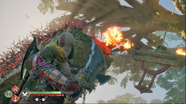 Again, use the Blades to grab the platform and swing it to the left - God of War Ragnarok: Cure for the Dead - walkthrough - Favors - Vanaheim - God of War Ragnarok Guide