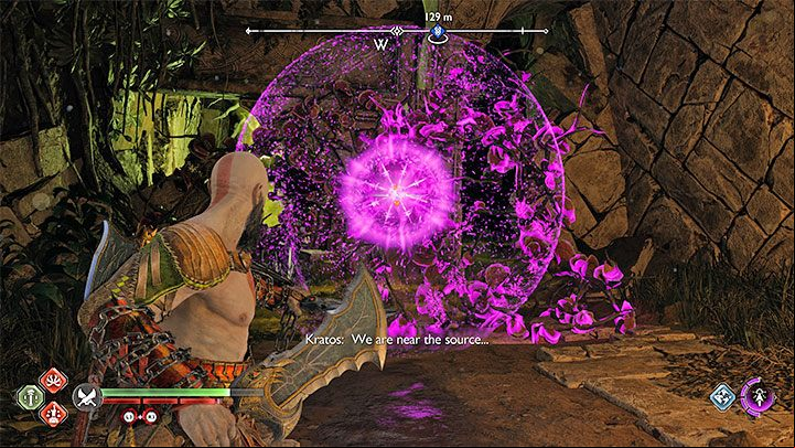 Enter the new ruins and order your companion to put a seal on the red vines - set them on fire with the Blades of Chaos - God of War Ragnarok: Quaking Hollow - walkthrough - Favors - Vanaheim - God of War Ragnarok Guide