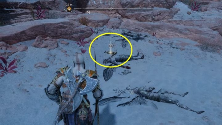 To be exact, it is next to the elven corpses on the border of The Strond and The Canyons - God of War Ragnarok: The Canyons, Alfheim - secrets, collectibles - Alfheim - God of War Ragnarok Guide