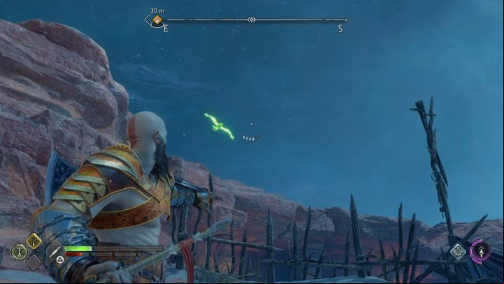 You can find it circling in the air above the wooden barricade - God of War Ragnarok: The Canyons, Alfheim - secrets, collectibles - Alfheim - God of War Ragnarok Guide