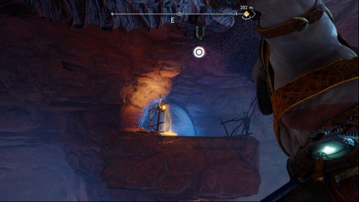 When you remove the blockade, go down and jump up to the grapple - God of War Ragnarok: The Burrows, Alfheim - secrets, collectibles - Alfheim - God of War Ragnarok Guide