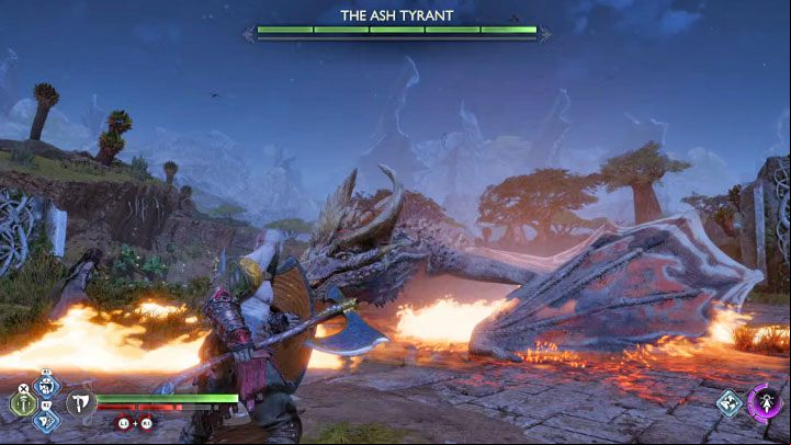 The dragon will attack mostly from above - God of War Ragnarok: The Burning Skies - walkthrough - Favors - Vanaheim - God of War Ragnarok Guide