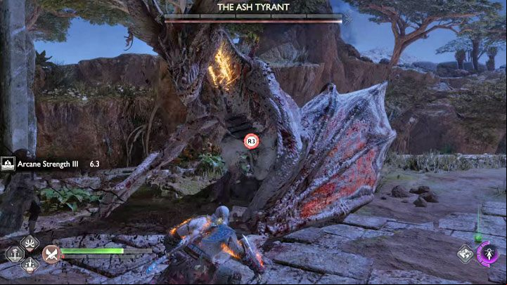 Watch out for the boss's attempts to set the arena on fire: it's the red attack and you need to get out of its range - God of War Ragnarok: The Burning Skies - walkthrough - Favors - Vanaheim - God of War Ragnarok Guide