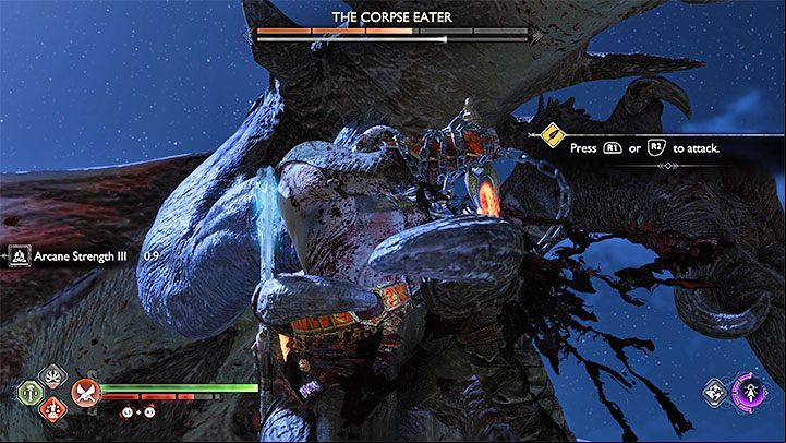 There may be a situation where the dragon grabs Kratos with its claws and rises above the arena with him - in that case, you have to press R1 or R2 to damage the boss and eventually free yourself - God of War Ragnarok: Trail of the Dead - walkthrough - Favors - Vanaheim - God of War Ragnarok Guide