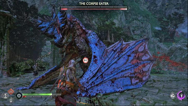 Watch out for the red ice dragon's attacks - touching the ice will impose a negative status on Kratos, and he will temporarily become slower - God of War Ragnarok: Trail of the Dead - walkthrough - Favors - Vanaheim - God of War Ragnarok Guide