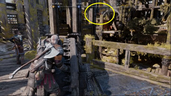 When you enter the first level, approach the crane and lower the platform using the Blades of Chaos - God of War Ragnarok: In Service of Asgard - favor, walkthrough - Favors - Svartalfheim - God of War Ragnarok Guide