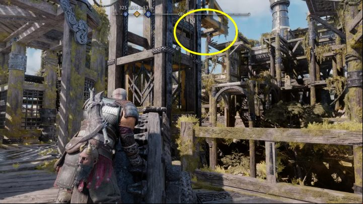 At the bottom, grab the handle and lift the platform up - God of War Ragnarok: In Service of Asgard - favor, walkthrough - Favors - Svartalfheim - God of War Ragnarok Guide