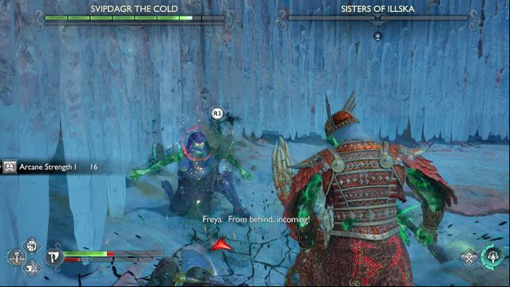 try to execute any of the Sisters of Illska (R3) - you can do that after exhausting their t health bars - God of War Ragnarok: How to defeat Svipdagr the Cold and Sisters of Illska? - Berserkers - God of War Ragnarok Guide