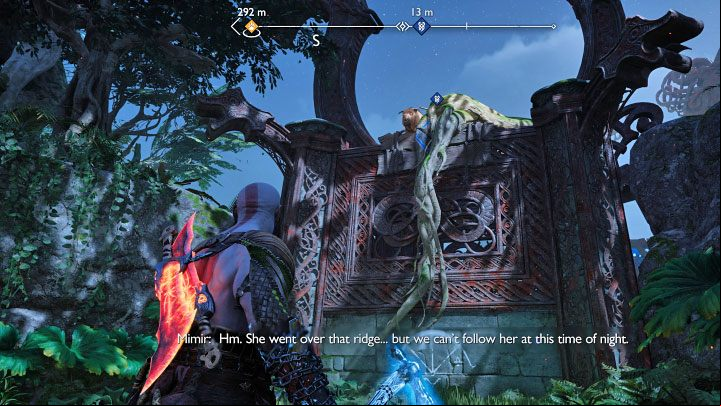 The path will lead you to Helka waiting on the upper shelf (above image) - God of War Ragnarok: Scent of Survival - favor, walkthrough - Favors - Vanaheim - God of War Ragnarok Guide