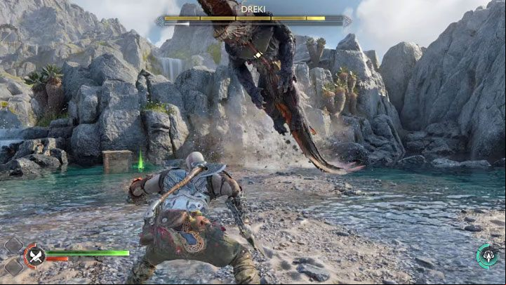 One of Dreki's yellow attacks is a long jump - God of War Ragnarok: How to defeat Dreki? - Bosses - God of War Ragnarok Guide