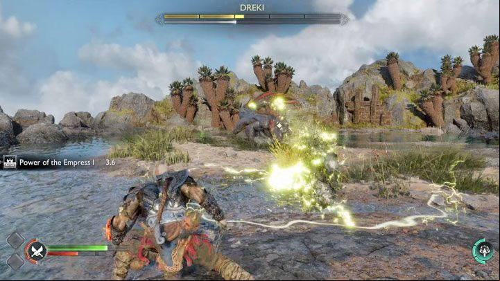 His another red attack is spitting out larger projectiles - God of War Ragnarok: How to defeat Dreki? - Bosses - God of War Ragnarok Guide