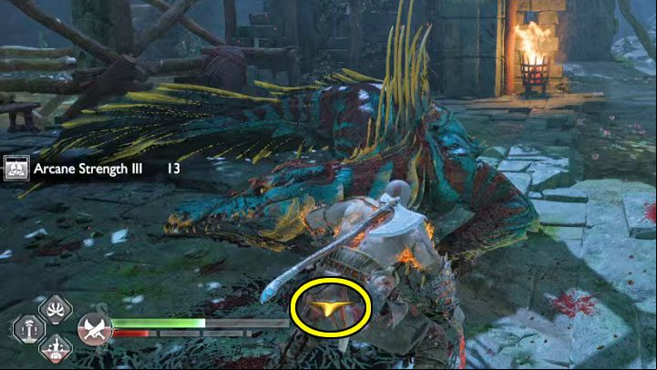 During the fight, watch the arrows appearing next to Kratos (we've highlighted an example in the picture) and listen to Atreus' comments - God of War Ragnarok: How to defeat Dreki? - Bosses - God of War Ragnarok Guide