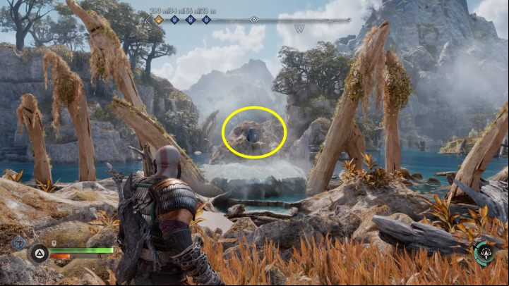 The second runic stone is behind the geyser next to dragon statue - God of War Ragnarok: Dragon Beach, Svartalfheim - secrets, collectibles - Svartalfheim - God of War Ragnarok Guide