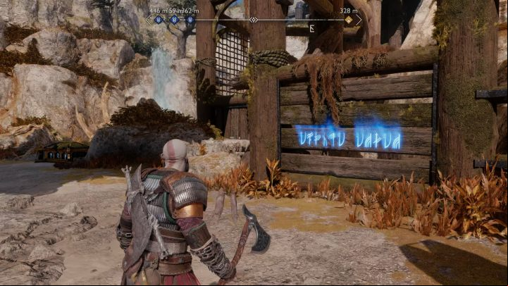 The inscription is on a wooden construction near the Nornir Chest - God of War Ragnarok: Dragon Beach, Svartalfheim - secrets, collectibles - Svartalfheim - God of War Ragnarok Guide