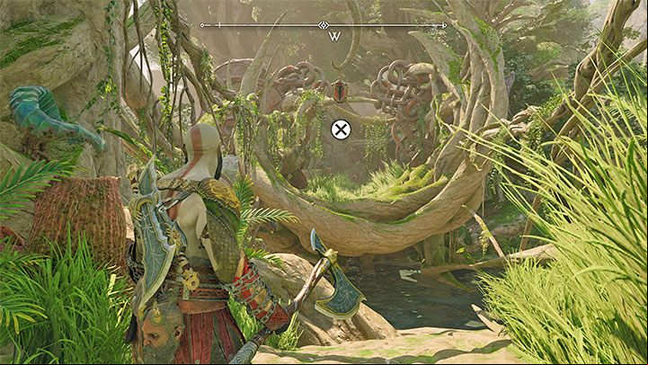 If you're traveling during the day, you can grab the interactive hook point shown in the picture - God of War Ragnarok: Path of Destruction - walkthrough - Favors - Vanaheim - God of War Ragnarok Guide