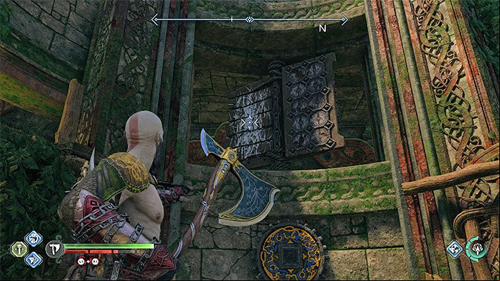 After landing at the bottom of the elevator shaft, throw your axe at the rotating mechanism from the picture - God of War Ragnarok: Path of Destruction - walkthrough - Favors - Vanaheim - God of War Ragnarok Guide