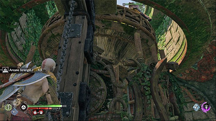 The last step is to use the chain shown in the picture - the creature you have imprisoned will be transported by elevator to the top - God of War Ragnarok: Path of Destruction - walkthrough - Favors - Vanaheim - God of War Ragnarok Guide