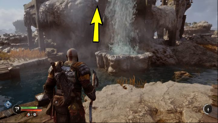 Use your axe to freeze the geyser near the rock - God of War Ragnarok: Aurvangar Wetlands, Svartalfheim - secrets, collectibles - Svartalfheim - God of War Ragnarok Guide