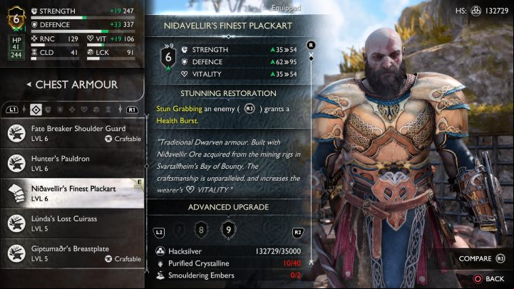 Nidavellir's Finest Armor set increases vitality and provides a surge of health and slows down the reduction of enemies' stun bar - God of War Ragnarok: Nidavellirs Finest Armor - Labors - Vanaheim - God of War Ragnarok Guide