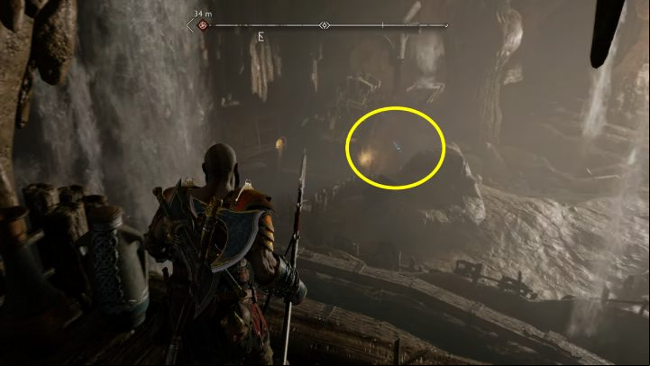 The 3rd rune is on the right side of the chest, obscured by the waterfall - God of War Ragnarok: The Applecore, Svartalfheim - secrets, collectibles - Svartalfheim - God of War Ragnarok Guide