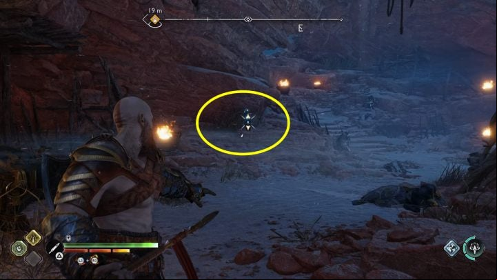 On the left side of the chest you'll find a boulder lit in yellow - God of War Ragnarok: The Strond, Alfheim - secrets, collectibles - Alfheim - God of War Ragnarok Guide