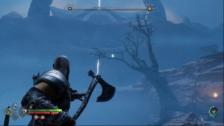 The bird sits on a tree - throw the axe or spear at it to get the collectible - God of War Ragnarok: The Strond, Alfheim - secrets, collectibles - Alfheim - God of War Ragnarok Guide