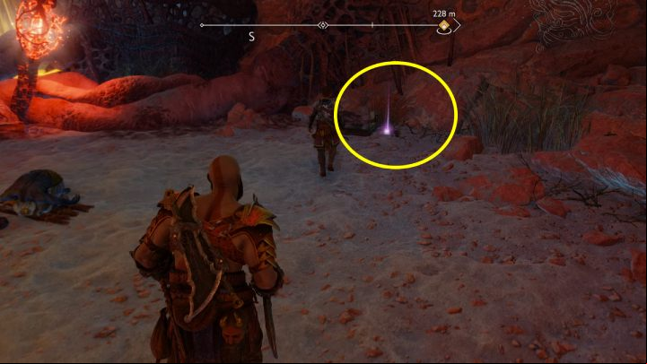 Enter a small cave through a narrow pathway and pick up the find - God of War Ragnarok: The Barrens, Alfheim - secrets, collectibles - Alfheim - God of War Ragnarok Guide