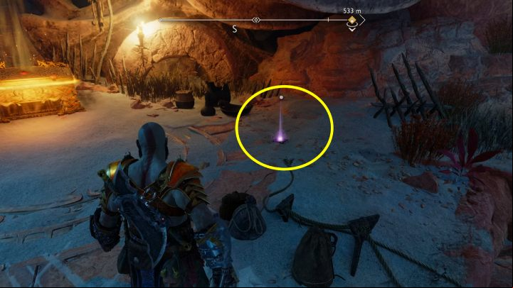 Enter the area from the side of the skeleton head and climb to the higher ledges of the cave - God of War Ragnarok: The Barrens, Alfheim - secrets, collectibles - Alfheim - God of War Ragnarok Guide