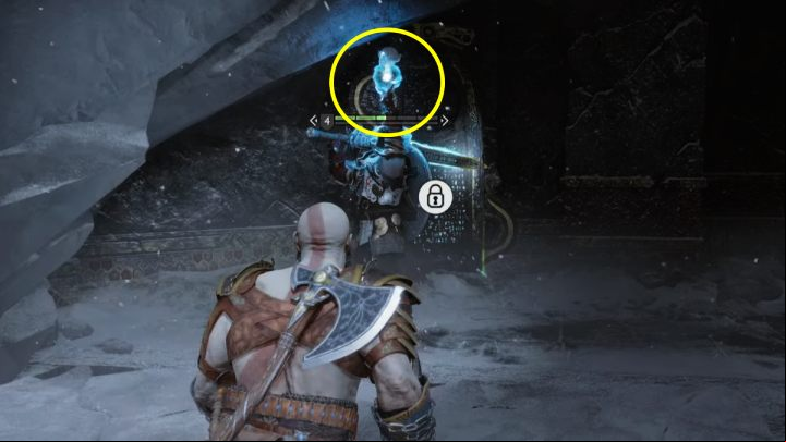 As soon as you see the enemy raising his hand up, hurl the Axe at the blue flame to interrupt his casting - God of War Ragnarok: Sigruns Curse - favor, walkthrough - Favors - Midgard - God of War Ragnarok Guide