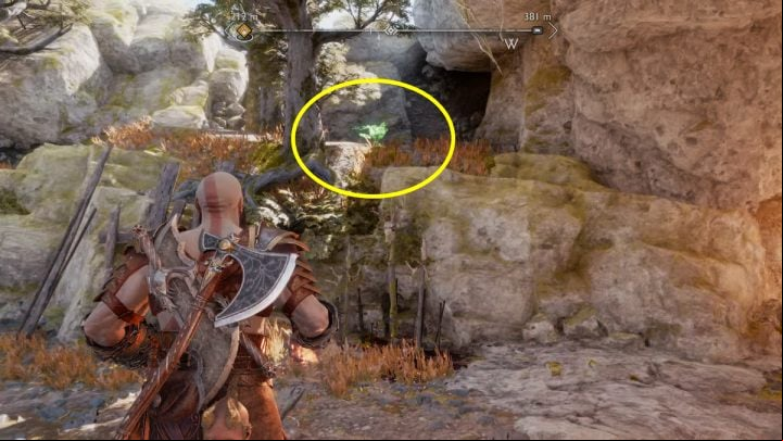 The raven sits on a rock next to a tree - God of War Ragnarok: Alberich Hollow, Svartalfheim - secrets, collectibles - Svartalfheim - God of War Ragnarok Guide