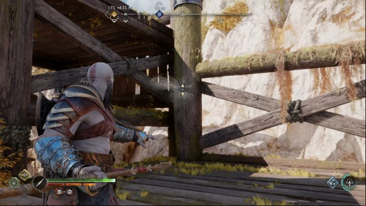 Climb the chain onto the wooden platform and thrust the spear into the beam - God of War Ragnarok: The Lost Treasure - favor, walkthrough - Favors - Svartalfheim - God of War Ragnarok Guide