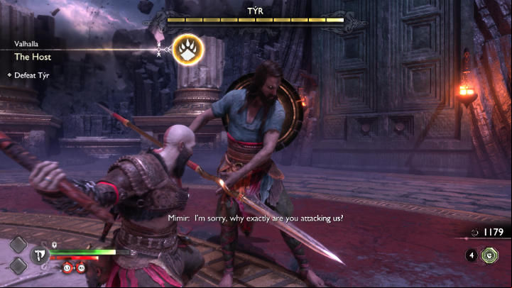 During the first clash, Tyr fights with a spear and shield - God of War Ragnarok Valhalla: Tyr - Valhalla DLC - God of War Ragnarok Guide