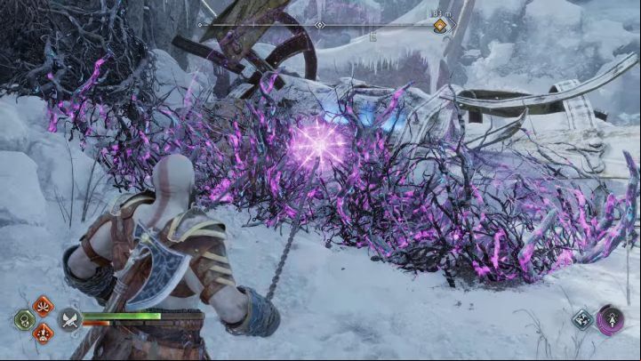 As you under the remains of a statue, there are vines to the right - God of War Ragnarok: Shores of Nine, Midgard - secrets, collectibles - Midgard - God of War Ragnarok Guide