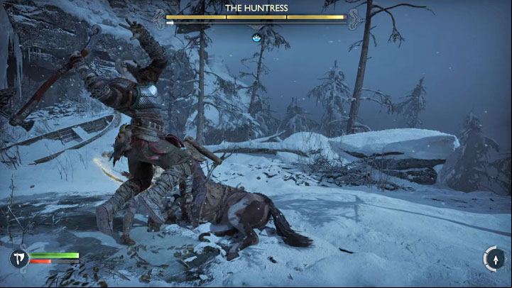 Hit the horns and the boss will fall over - quickly run up to the Huntress and use your strongest attacks - God of War Ragnarok: How to defeat The Huntress? - Bosses - God of War Ragnarok Guide