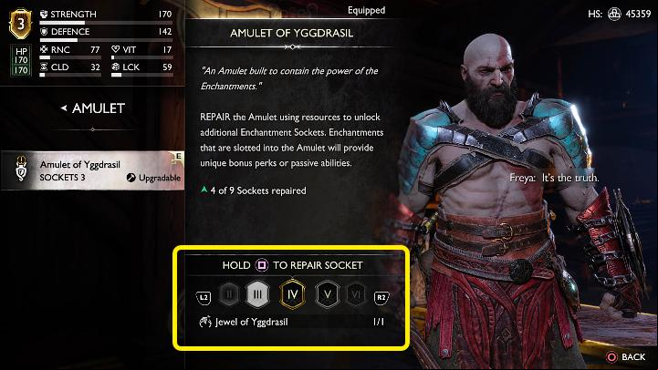 Repairing damaged slots in the Amulet of Yggdrasil requires special items, Jewels of Yggdrasil - God of War Ragnarok: Best Armor set - Character development - God of War Ragnarok Guide