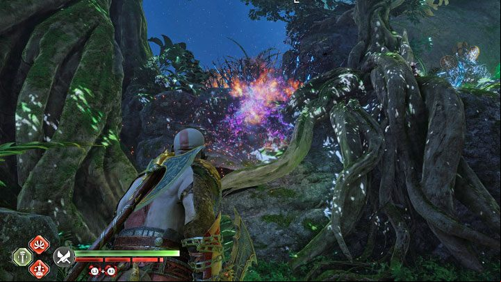 In order to open the chest you have to hurl the axe at the shields - God of War Ragnarok: The Southern Wilds, Vanaheim - secrets, collectibles - Vanaheim - God of War Ragnarok Guide
