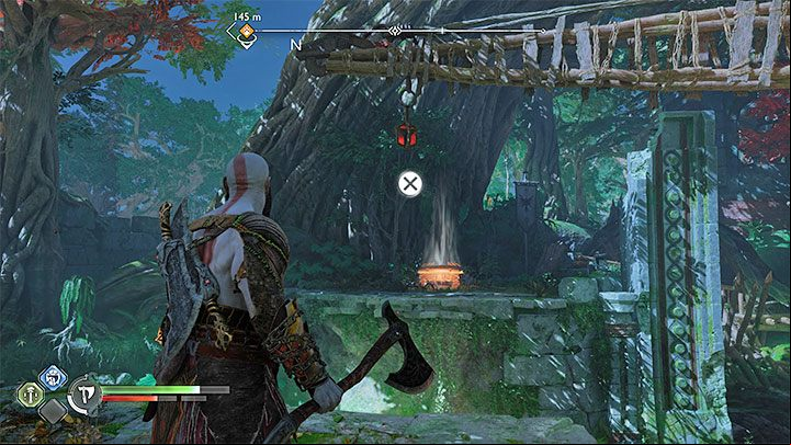 Rotate the crane until you can grab its handle and use it to reach the shelf with the legendary chest - God of War Ragnarok: The Abandoned Village, Vanaheim - secrets, collectibles - Vanaheim - God of War Ragnarok Guide