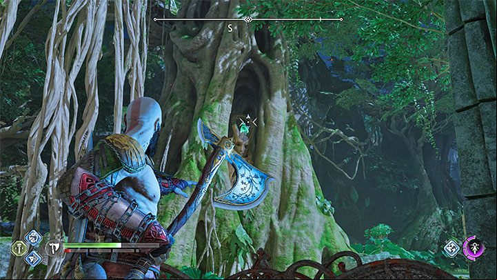 Raven hides inside a large tree in the village - God of War Ragnarok: The Abandoned Village, Vanaheim - secrets, collectibles - Vanaheim - God of War Ragnarok Guide