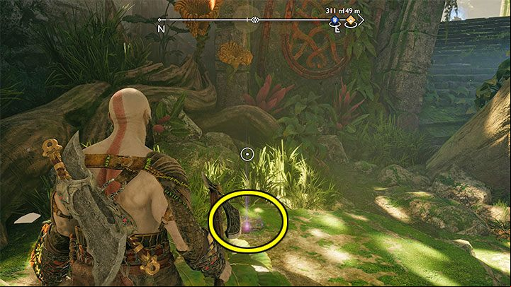 The artifact is on the ground, hidden next to grass patches - God of War Ragnarok: River Delta, Vanaheim - secrets, collectibles - Vanaheim - God of War Ragnarok Guide