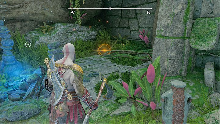 The Buried Treasure is located next to the Mystic Gateway and shop - that spot on the ground will shine - God of War Ragnarok: River Delta, Vanaheim - secrets, collectibles - Vanaheim - God of War Ragnarok Guide