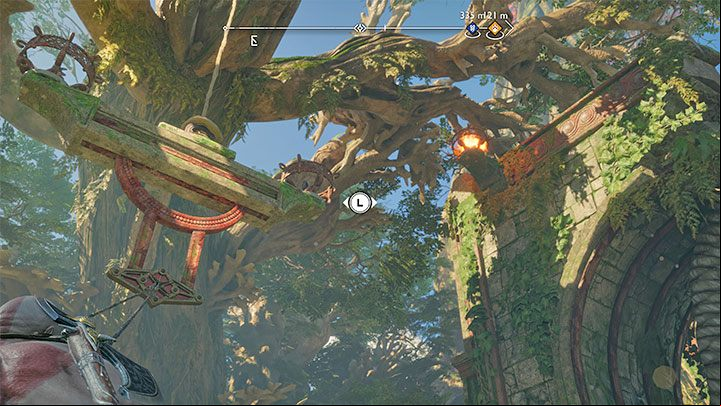 Use the Blades of Chaos to grab the platform and swing it to the right - God of War Ragnarok: Pilgrims Landing, Vanaheim - secrets, collectibles - Vanaheim - God of War Ragnarok Guide