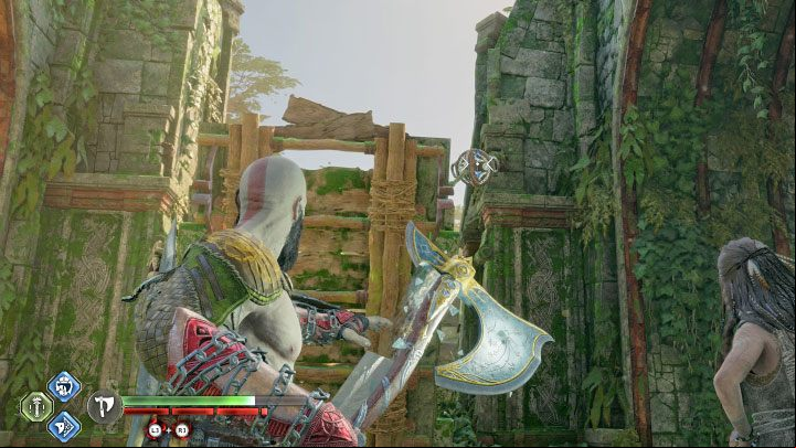 You can now lower the second drawbridge - the left shield was already accessible, and you have the right one unlocked thanks to getting rid of the vines - God of War Ragnarok: Pilgrims Landing, Vanaheim - secrets, collectibles - Vanaheim - God of War Ragnarok Guide