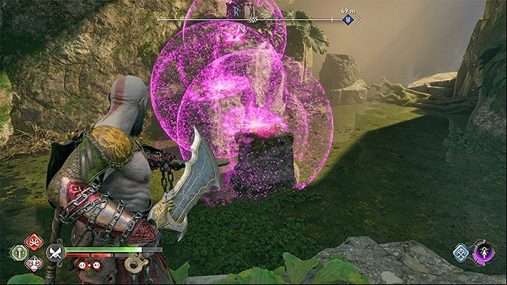 Torch 2 requires skillful placement of seals on rock shelves - make sure that the seals interlock - God of War Ragnarok: Goddess Falls, Vanaheim - secrets, collectibles - Vanaheim - God of War Ragnarok Guide