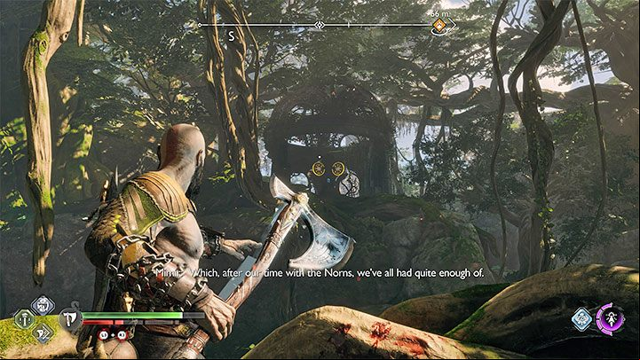 The chest can be opened after throwing the axe at the shields - God of War Ragnarok: Eastern Barri Woods, Vanaheim - secrets, collectibles - Vanaheim - God of War Ragnarok Guide