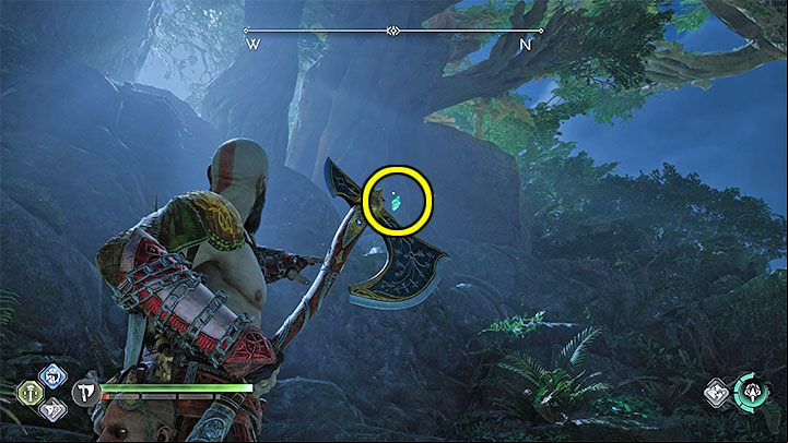 The raven sits high on the rocks in the central part of the forest - God of War Ragnarok: Eastern Barri Woods, Vanaheim - secrets, collectibles - Vanaheim - God of War Ragnarok Guide
