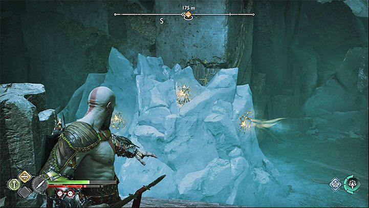 The encountered ice block is covered with weak spots (pictured above) - thrust a spear into every hole, then detonate them - God of War Ragnarok: Reunion - walkthrough - Walkthrough - God of War Ragnarok Guide