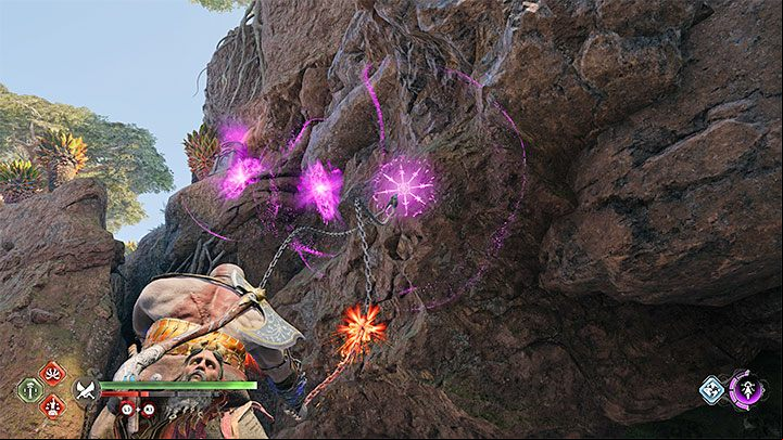 The chest requires you to light 3 torches, and the most problematic one is the torch that is adjacent to the rope used for descent (initially showing an R-shaped letter) - God of War Ragnarok: The Sinkholes, Vanaheim - secrets, collectibles - Vanaheim - God of War Ragnarok Guide